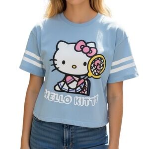 Hello Kitty Blue Short Sleeve Tee with Sporty Stripes Cropped Oversized Fit